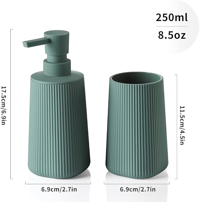 Bathroom Accessories 2 Piece Soap Dispenser and Toothbrush Holder Set Striped Green