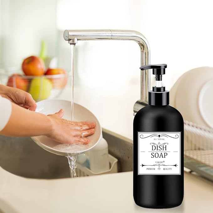 Black Soap Dispenser with Rust Proof Pump, Waterproof Labels (2 Pack,16 Oz), Plastic Hand Soap Dish Soap Dispenser for Kitchen, Premium Thick Soap Pump Bottles