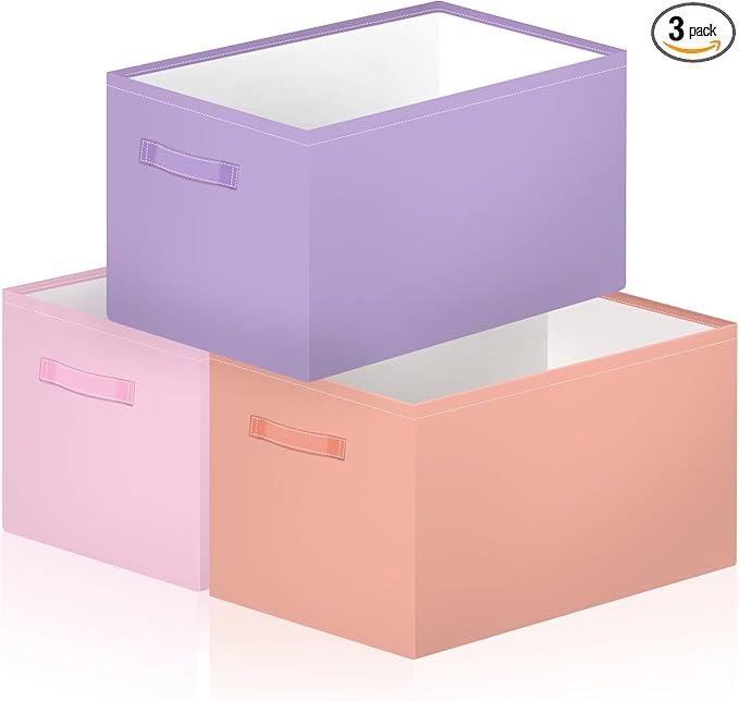 Boao 3 Pack Pastel Fabric Storage Bins, Colorful Collapsible Large Canvas Storage Baskets with Handle, Rectangle Laundry Basket Organizer Box for Closets Clothes Toys Books, Bedroom Home Nursery Decor