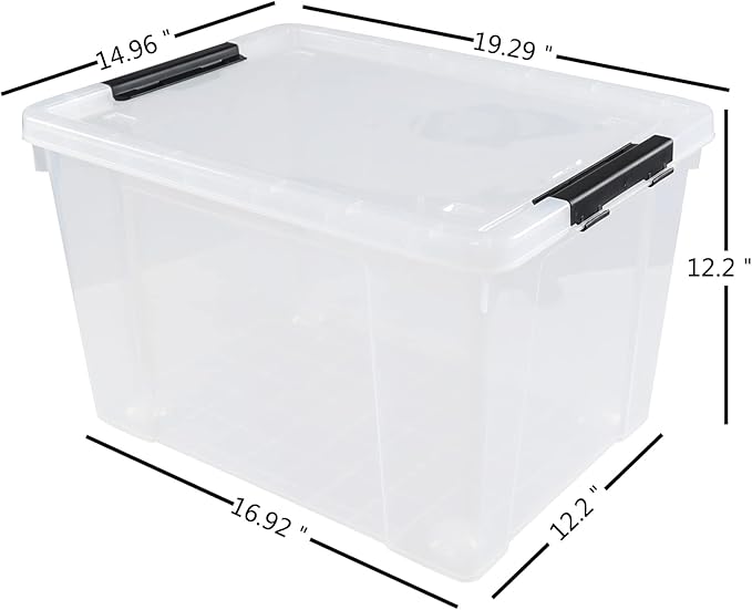 Drephia 4 Pack 50 L Large Clear Latch Storage Bin with Lid and Wheels, Plastic Storage Container Box
