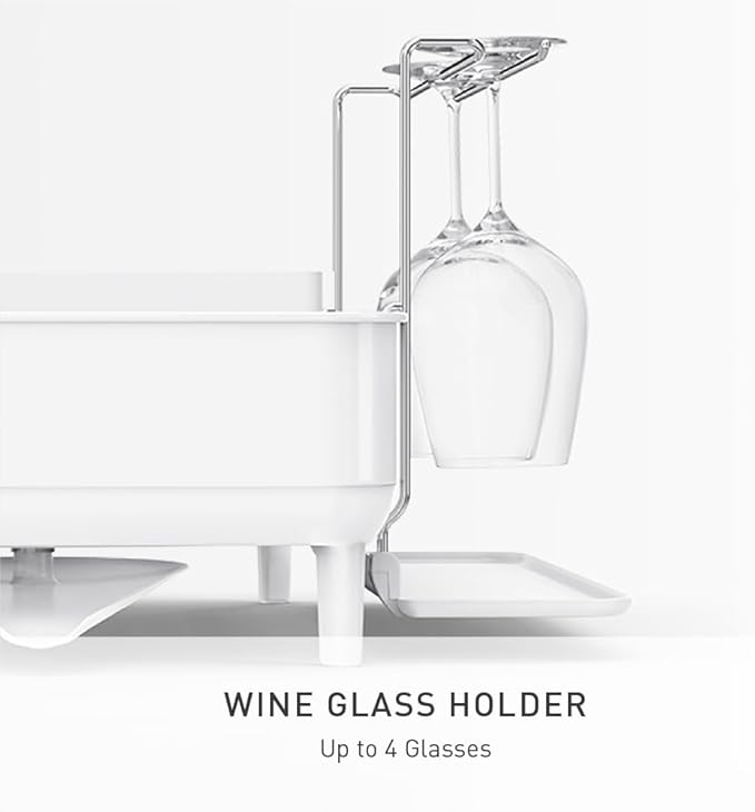 simplehuman Large Capacity Dish Drying Rack with Stainless Steel Frame, 360º Easy Drain Swivel Spout, Utensil & Wine Glass Holder, Anti-Residue Coating, Moisture Control Surface, White