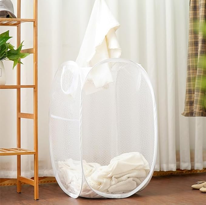 2 Pack Mesh Pop Up Laundry Baskets, Collapsible Laundry Hampers, Foldable Clothes Basket Storage Bins with Handles & Side Pocket for Cruise, Travel, Laundry Room, Dorm, Home (White)