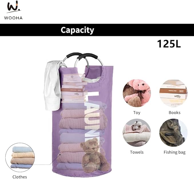 WOOHA 125L Large laundry basket,Collapsible laundry hamper, Tall Clothes Baskets Folding Washing Bin Foldable Fabric Hamper Bags for Bedroom, Closet,Bathroom,College,purple