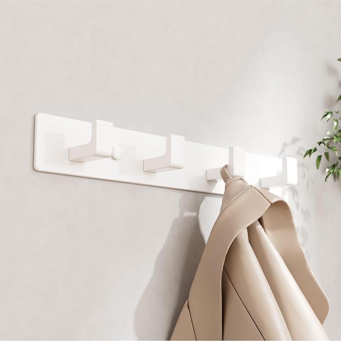 GWAAZXGZ White Coat Rack Wall Mount - 12.5 inch Modern Metal Hook Rail with 4 Right-Angle Hooks, Drill-Mounted Organizer for Coats, Hats, Bags in Entryway, Bathroom, Bedroom (1 Pack)