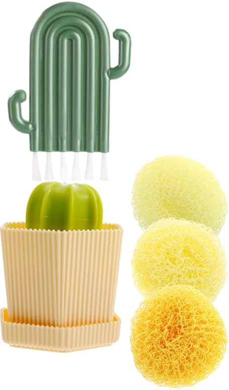 Kitchen Cleaning Brush Set with Holder & Drip Tray – 3 Head Cactus Scrub Brush, Row Brush, Mini Dish & Pot Brushes – Durable Multi-Purpose Scrubbers for Sink, Pans, Plates, Cups (Yellow)