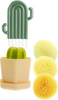 Kitchen Cleaning Brush Set with Holder & Drip Tray – 3 Head Cactus Scrub Brush, Row Brush, Mini Dish & Pot Brushes – Durable Multi-Purpose Scrubbers for Sink, Pans, Plates, Cups (Yellow)