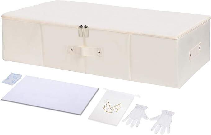 Wedding Dress Storage Box Kit with 20 Sheets of Acid Free Tissue Paper,Dust-proof Shoe Bag,Dust-free White Gloves ,Breathable Foldable Heirloom Wedding Gown Preservation Box - Bride Musthaves Beige
