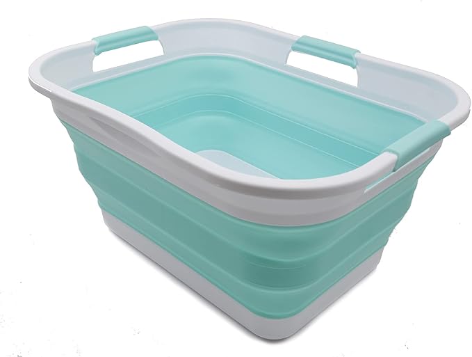 SAMMART 30L (8 gallon) Collapsible Plastic Laundry Basket - Foldable Pop Up Storage Container/Organizer - Portable Washing Tub - Water Capacity 24L(6.3 gallon) (1, White/Lake Green)