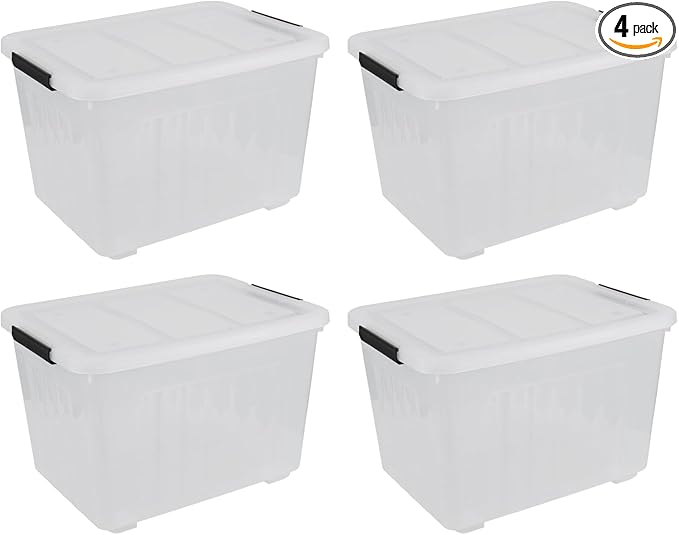 Haodehen 70 Quart Clear Plastic Large Storage Box with Wheels, 4-Pack Plastic Storage Bins with Lids