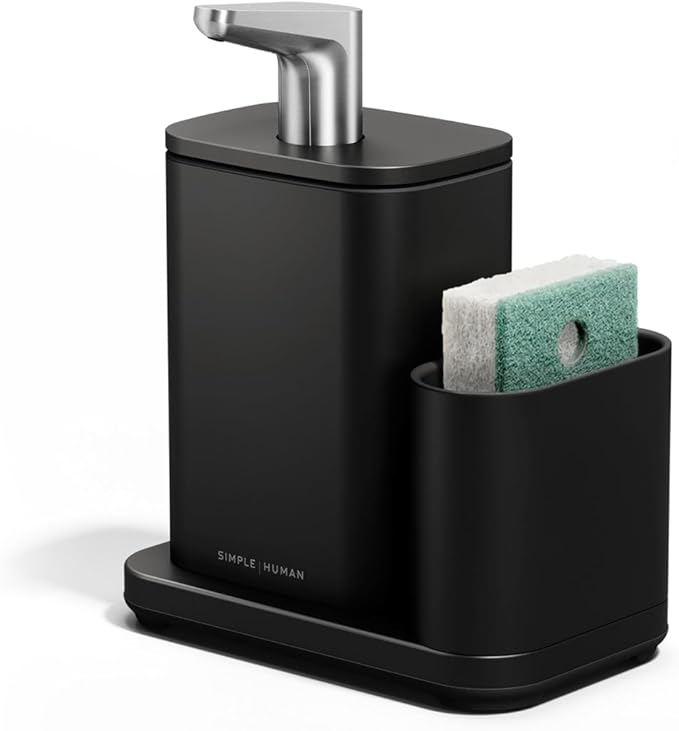 simplehuman Pulse Pump, 16 oz. with Caddy, Premium Soap Dispenser for Kitchen and Bathroom, Drip and Clog Free Valve, Mess-Free Wide Refill, Magnetic Caddy for Sponge, Matte Black Stainless Steel