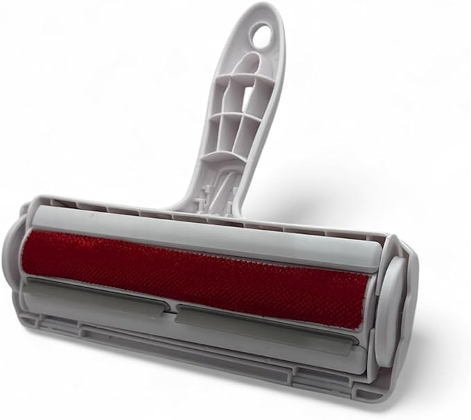 DOGGIE HUSH Pet Hair Remover Roller with Ergonomic Gray Handle, Red Brush, Self-Cleaning Base for Furniture, Clothing, Car Seats, Reusable Lint and Fur Removal Tool