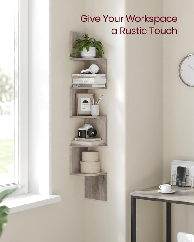 VASAGLE Corner Shelf Wall Mount, 5-Tier Floating Corner Bookshelf, Plant Shelf for Bedroom, Living Room, Bathroom, Home Office, Heather Greige
