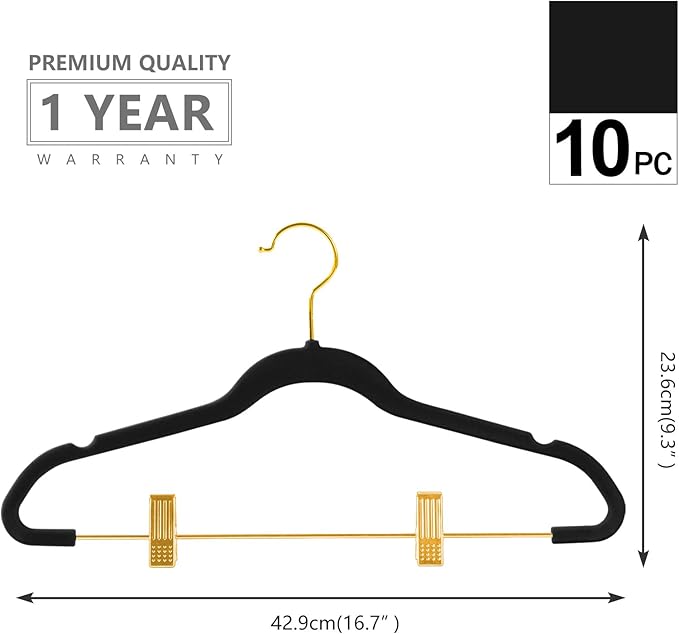 MIZGI Premium Velvet Pants Hangers with Adjustable Clips (Pack of 10) Slim Skirt Hangers- Non Slip Felt Outfit Dress Hangers Black - Gold Hooks,Space Saving Shirt Clothes Hangers