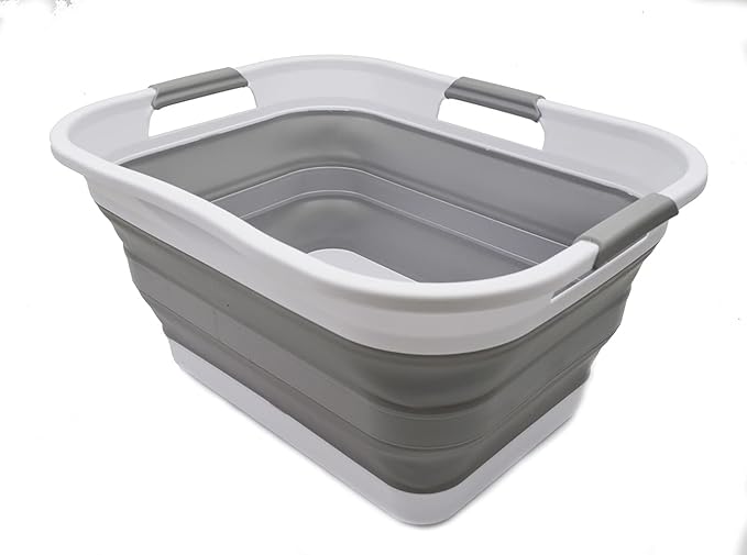 SAMMART 30L (8 gallon) Collapsible Plastic Laundry Basket - Foldable Pop Up Storage Container/Organizer - Space Saving Hamper/Basket - Water Capacity 24L(6.3 gallon) (1, White/Grey)