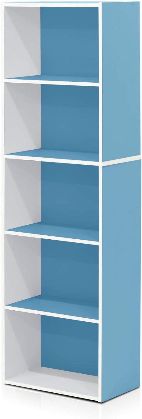 Furinno LUDER Book Shelf, 5-Cube Bookshelf, Bookcase with Open Shelf, 9.4 x 15.8 x 52, for Living Room, Bedroom, Home Office, White/Light Blue