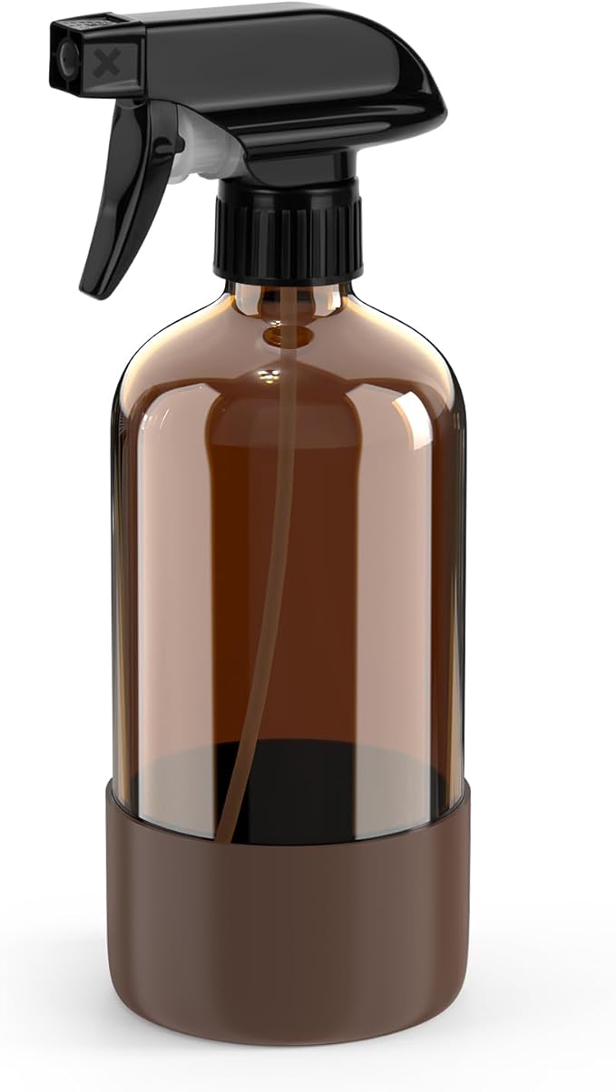 Amber Glass Spray Bottle with Silicone Sleeve Protection, 16 oz Refillable Spray Bottle for Cleaning Solutions, Plants, Aromatherapy, Facial Hydration (Brown Sleeve(Amber Bottle)