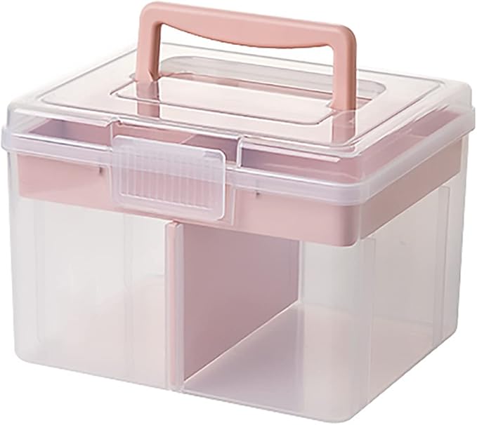 FOREVERIE Small Portable Plastic Storage Box for Beauty Ornaments Hair Nail Accessories, Cosmetic Case with Handle & Removable Tray & a Divider, Sewing Box Organizer, Kids Art Box (Clear & Pink)