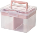 FOREVERIE Small Portable Plastic Storage Box for Beauty Ornaments Hair Nail Accessories, Cosmetic Case with Handle & Removable Tray & a Divider, Sewing Box Organizer, Kids Art Box (Clear & Pink)
