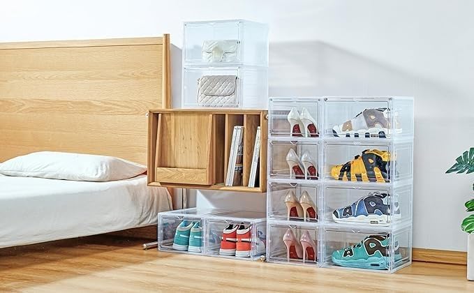 Shoe Organizer Shoe Storage Boxes, 6 Pack Large Drop Front Shoe Boxes with Magnetic Door, Clear Plastic Stackable Shoe Containers (Clear White)