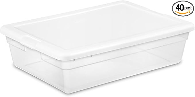 Sterilite 40 Pack Storage Box, 28 Quart Stackable Tote, Clear Plastic Container with Secure Snapping Lids for Home and Office Organization, White