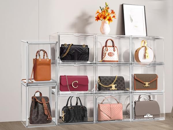 EDS FAM 1 Pack Size 14 Acrylic Boot Shoe Box, X-Large Handbag Organizer Clear Storage Bins with Magnetic Lid Acrylic Display Case for Shoes, Book, Cosmetic, Figures, Collectibles, Purse