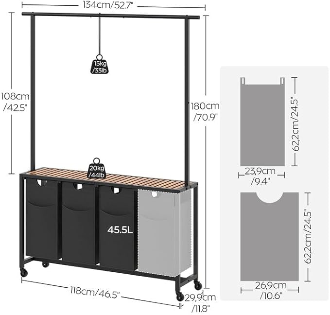 Laundry Sorter 4 Section, Rolling Laundry Hamper with Hanging Rack, Laundry Sorter with Wheels, Hampers for Laundry, Laundry Basket Organizer for Laundry Room, Rustic Brown LS47BR