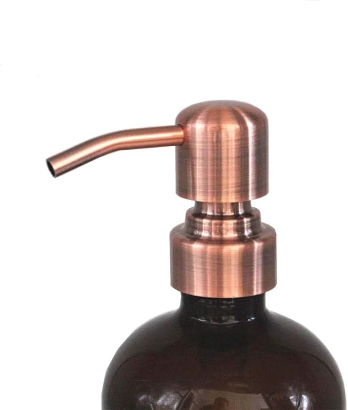 2 Pack Thick Amber Glass Pint Jar Soap Dispenser with Copper Stainless Steel Pump, 16ounce Boston Round Bottles Dispenser with Rustproof Pump for Essential Oil, Lotion Soap