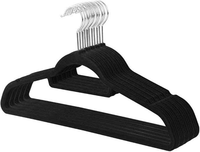 Velvet Non-Slip Hangers 10-Pack with Tie Bar, Flocked Slim Suit Hangers 360 Rotating Hook – Space Saving Closet Organizer for All Clothing (10, Black)