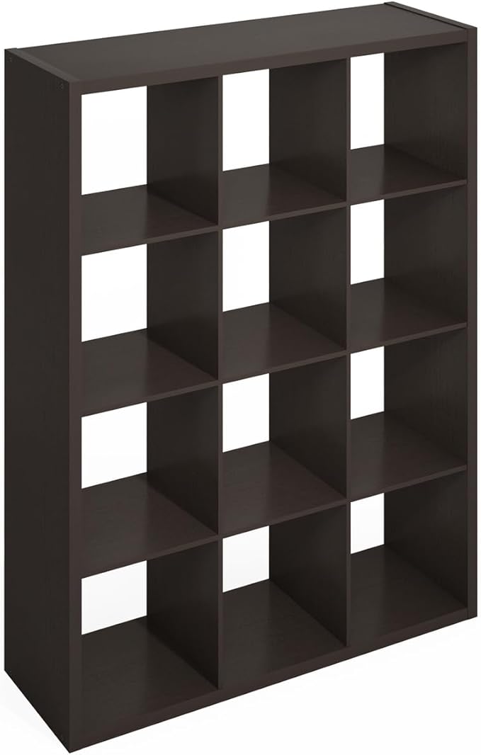 Furinno Simple Cube Storage Organizer, 12-Cube Display Shelf, Open Back Shelving Unit, Storage Shelves, Extra Thick Frame, for Organization and Storage, Living Room, Home Office, Dark Oak