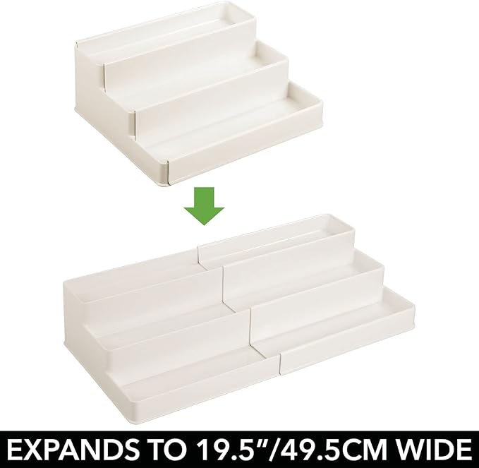 mDesign Plastic Expandable 3-Tier Shelf Rack Organizer - Storage for Bathroom Vanity, Cabinet, Cupboard, Drawer - Holds Medicine, Vitamins, Supplements, Cosmetics - Ligne Collection - Cream/Beige