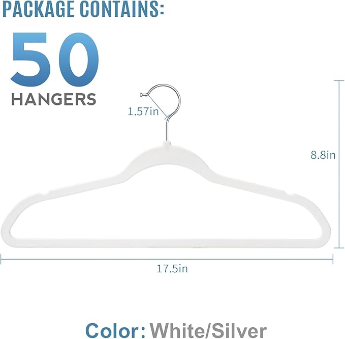 TIMMY Non-Slip Velvet Hangers - Suit & Coat (50-Pack) Ultra Thin Space Saving Heavy Duty Hangers Hold Up-to 10 Lbs - White/Silver