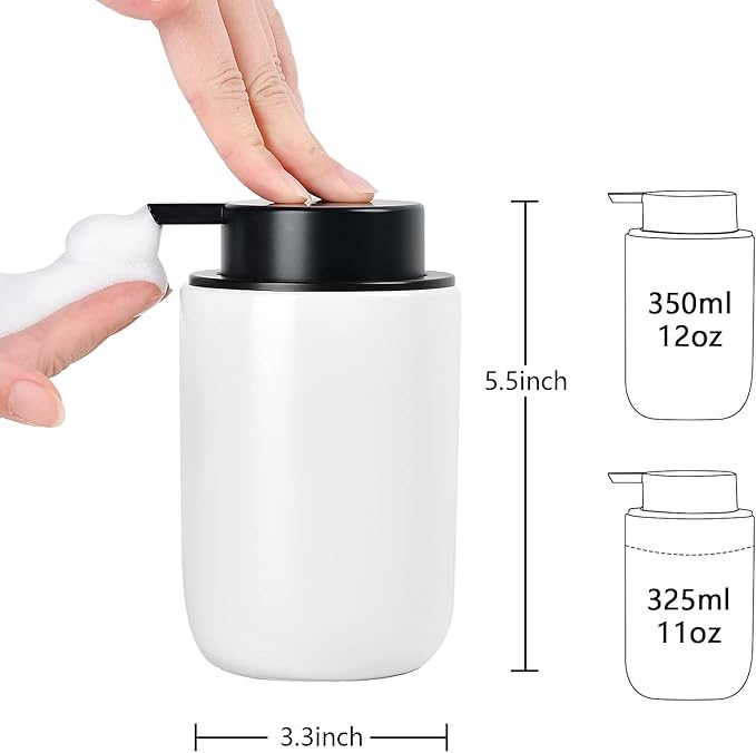 BosilunLife Foaming Soap Dispenser Set - White Ceramic Foam Hand Dispenser 12oz Soap Dispenser Set with Rust Proof Pump, 4Pcs Clear Stickers for Kitchen, Bathroom - 2 Pack