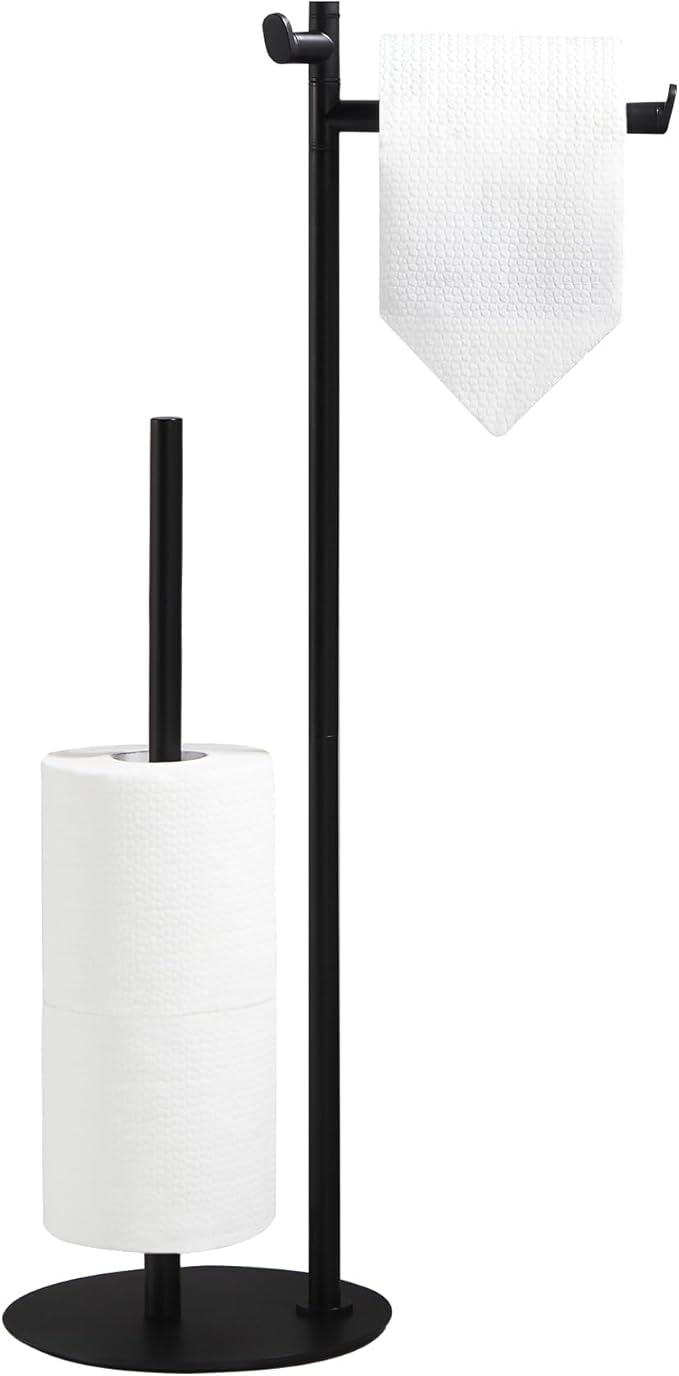 BVL Toilet Paper Holder Stand, Matte Black with Extra Heavy Base, Holds 5 Rolls, Waterproof Pad, Minimalist Design, 304 Stainless Steel, Rustproof & Space-Saving with Hook