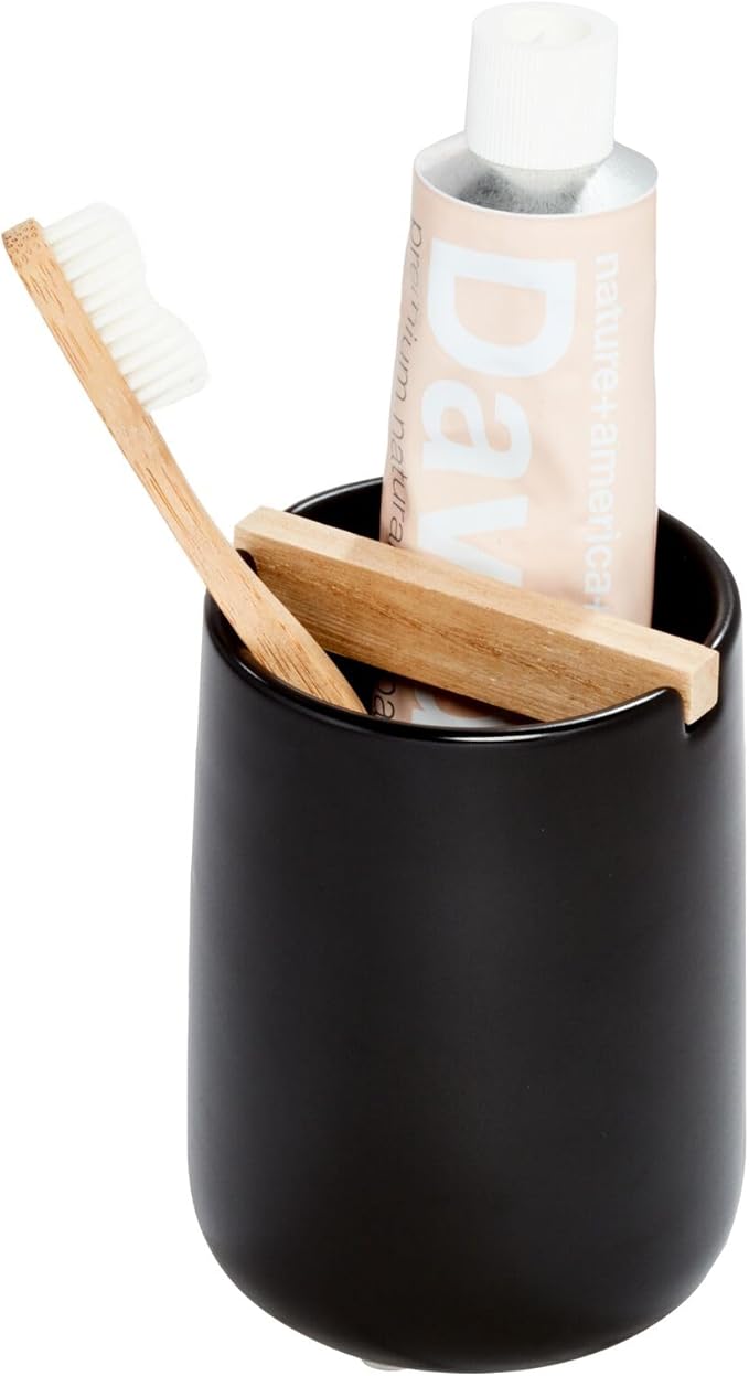 iDesign Toothbrush Holder with Removable Wood Divider for Bathroom Countertops - Matte Black