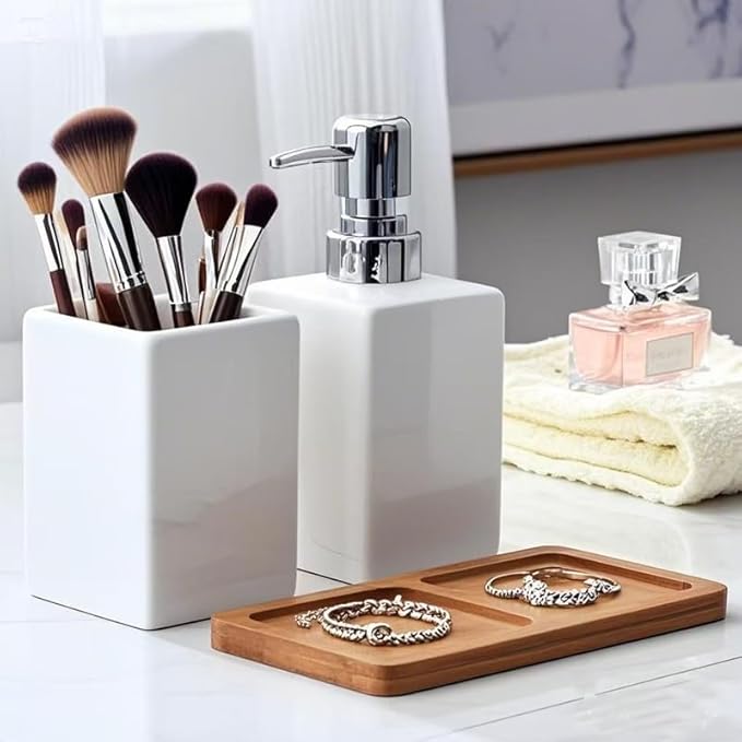 White Ceramic Soap Dispenser and Toothbrush Holder,3-Piece Bathroom Accessories Set Modern Square Countertop Bath Set,Liquid Soap Dispenser,Tumbler Cup,Wooden Vanity Tray
