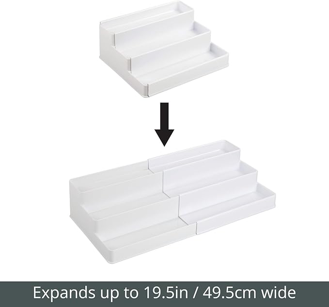 mDesign Plastic Expandable 3-Tier Shelf Rack Organizer - Storage for Bathroom Vanity, Cabinet, Cupboard, Drawer - Holds Medicine, Vitamins, Supplements, Cosmetics - Ligne Collection - White