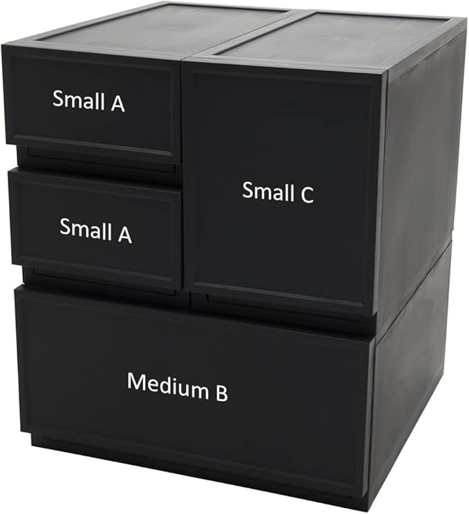 ASTAGE drawer block plastic bins stacking storage modular storage drawer home closet living office organizer with divider (Black, Small A)
