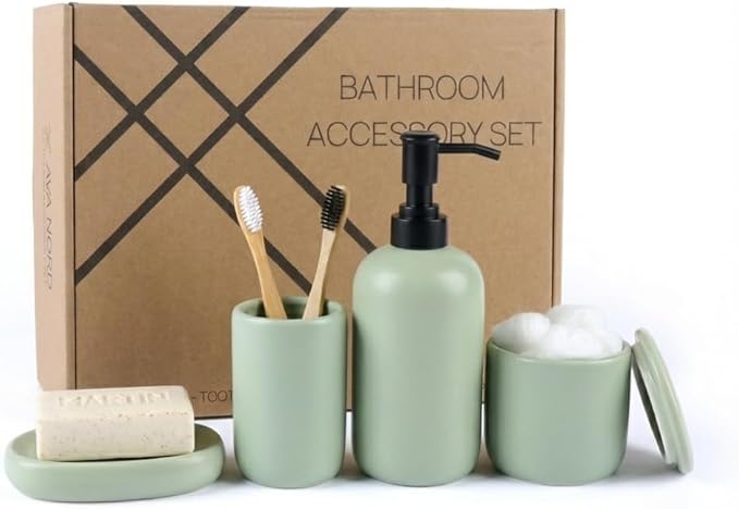 Ceramic Bathroom Accessories Set 4 Pcs – Modern Scandinavian Neutral Bathroom Soap Dispenser Set with Toothbrush Holder, Soap Dish & Cup – Minimalist Bathroom Accessory Set Decor - Sage Green