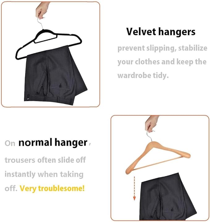 Velvet Non-Slip Hangers 10-Pack with Tie Bar, Flocked Slim Suit Hangers 360 Rotating Hook – Space Saving Closet Organizer for All Clothing (10, Black)