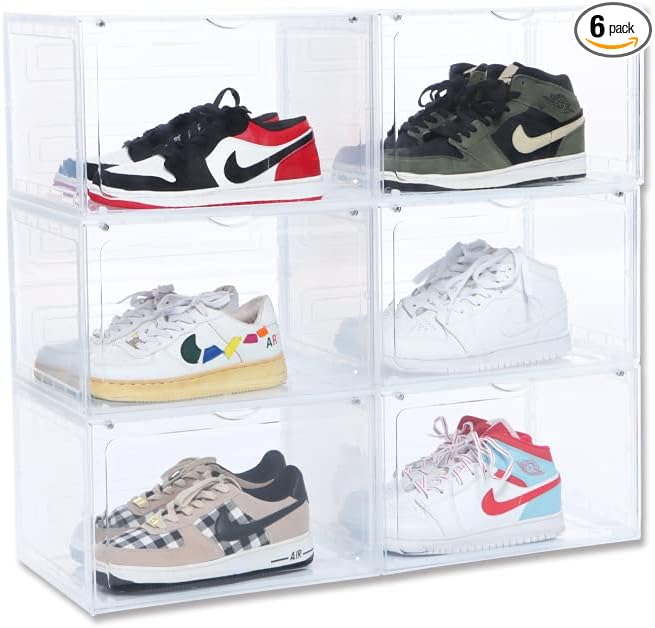 OMOPIN 6 Pack XL Shoe Storage Box Organizer,Drop Side Large Shoe Boxes Clear Plastic Stackable Container,Magnetic Sneaker Display Case, Fit up to US 13（13.4”x 10.6”x 8.3”(6 Pack Clear)
