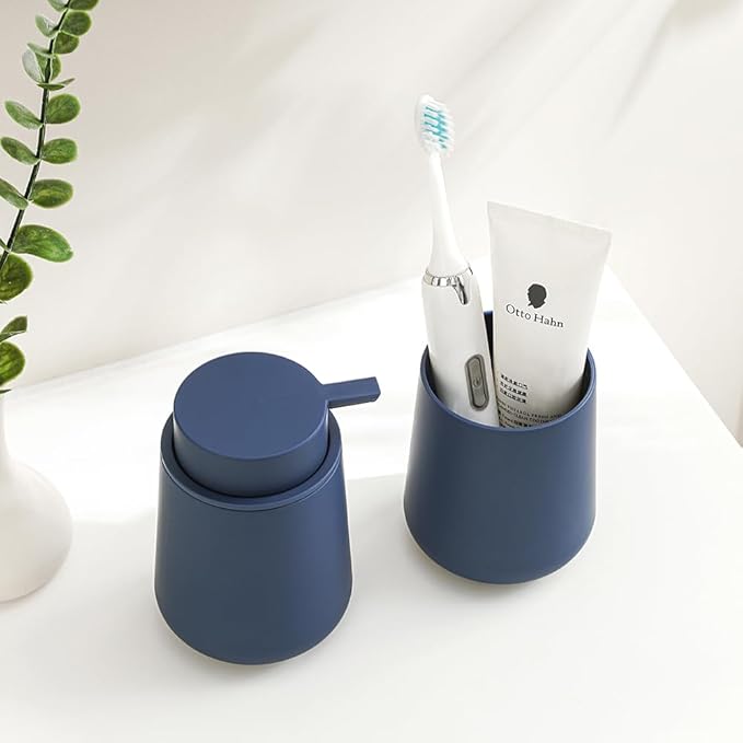 Matte Blue Bathroom Accessories 2 Piece Set Plastic Soap Dispenser and Toothbrush Holder for Modern Bathroom Decor