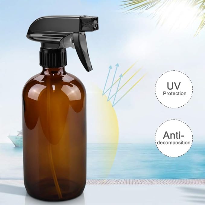 Glass Spray Bottles, 16oz Amber Glass Spray Bottles with Labels & Adjustable Nozzle, Reusable Containers for Cleaning, BBQ, Food, Plants, Alcohol, Essential Oils(1 Pack)