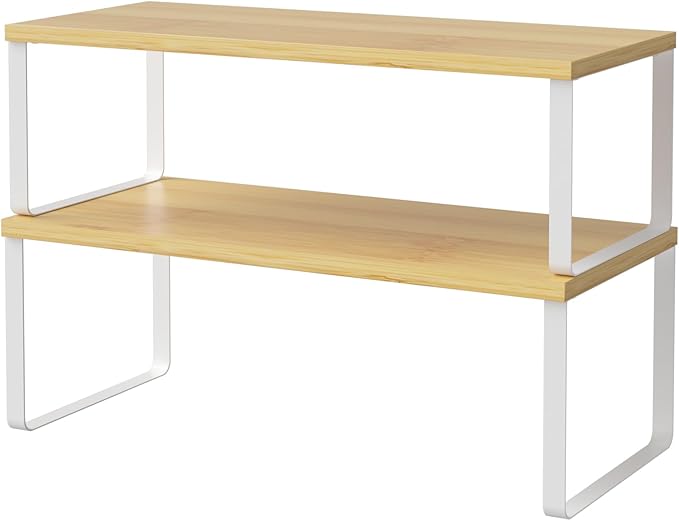 NEX Bamboo Cabinet Organizer Shelf, Set of 2 Kitchen Counter Shelves, Spice Rack, Stackable Kitchen Shelves Organizer, Pantry Cupboard Dish Mug Cup Storage Shelf, White and Natural