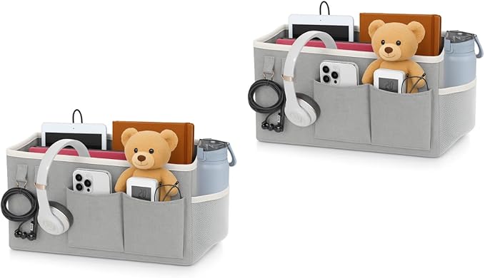 Bedside Caddy Organizer Hanging Storage Bag with Pockets for Books, Magazines, Phone, Tablet & Water Bottle – 2-Pack Bedside Storage for Dorm Rooms, Bunk Beds, Hospital Beds & Cribs , Gray