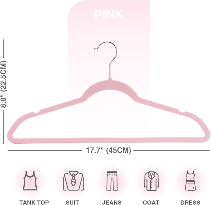 Anti-Slip Pink Velvet Hangers, 50 Pack, Non-Toxic, Durable, Space-Saving, Holds Up to 15 lbs