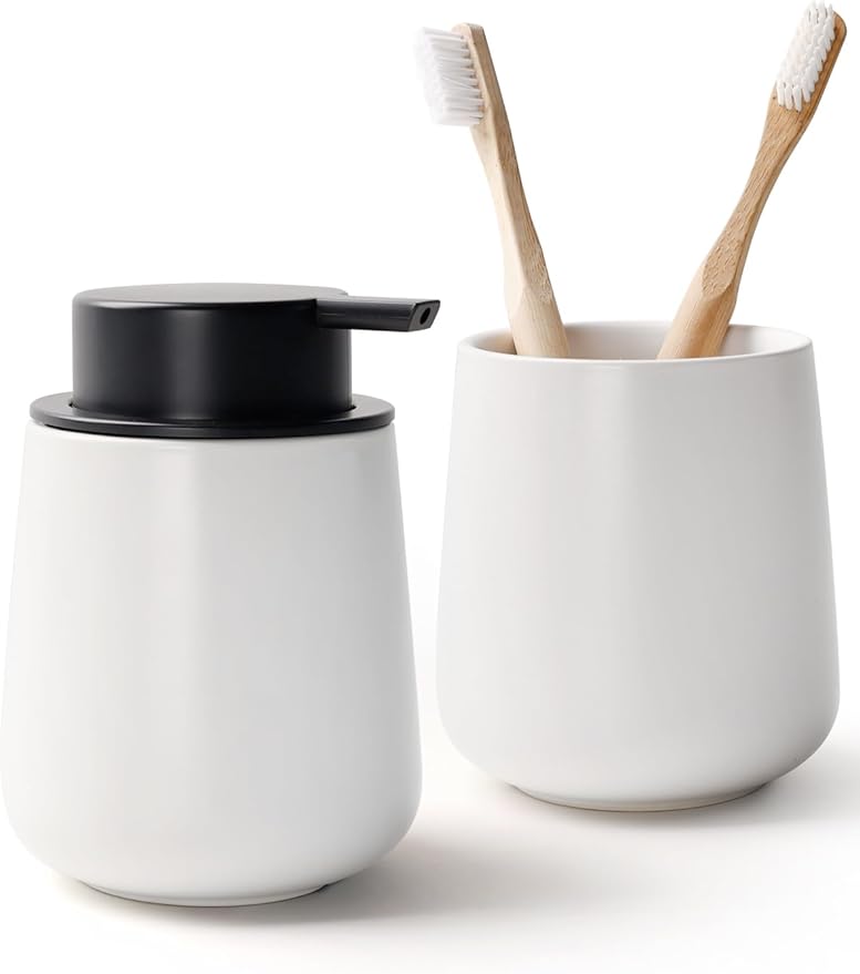 Bosilunlife Soap and Toothbrush Holder Set - Ceramic Bathroom Accessories Set White Liquid Hand Soap Dispenser Set for Bathroom Toothbrush Holder and Soap Dispenser Set