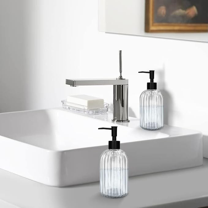 Pack of 2 Glass Soap Dispenser with Black Pump, 400 ml Refillable Pump Dispenser for Kitchen, Bathroom, Laundry Room, Liquid Glass Bottle for Washing Up Liquid, Shampoo, Conditioner (Clear)