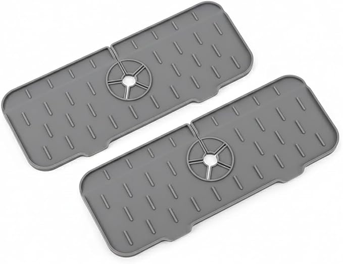 Silicone Sink Splash Guard & Water Catcher Mat, Adjustable Faucet Drip Mat for Kitchen & Bathroom, Gray, 14.56 x 5.51 Inches (2)