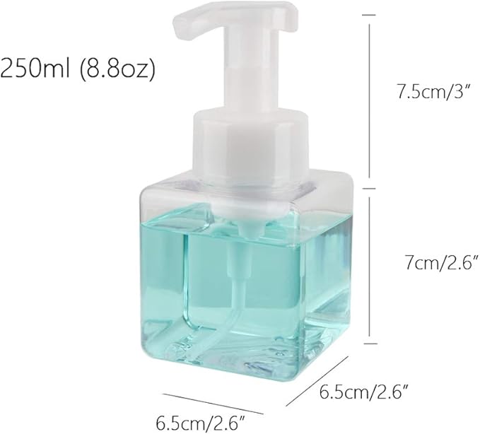 UUJOLY Foaming Soap Dispenser, 250ml (9oz) Refillable Pump Bottle for Liquid Soap, Shampoo, Body Wash (2 Pcs) (Small Clear)