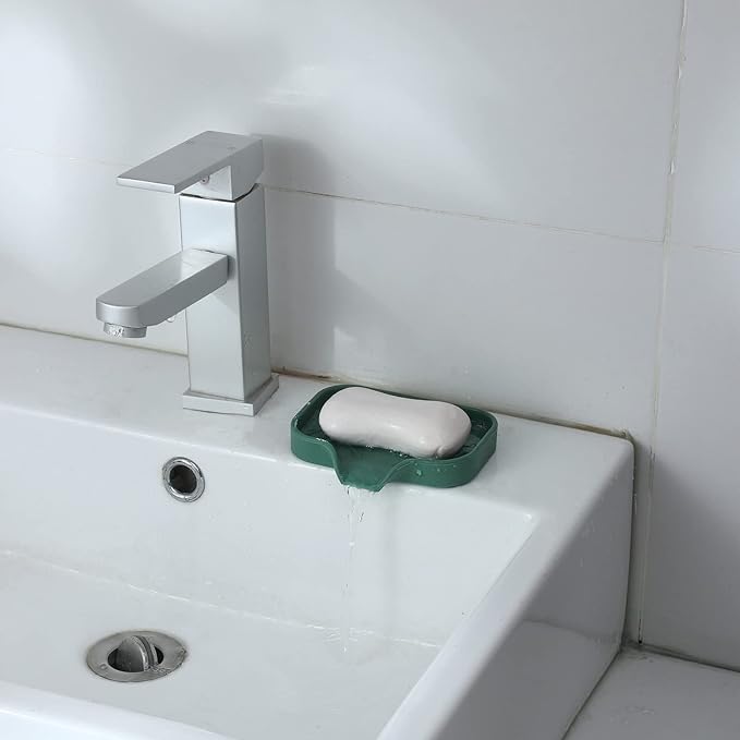 MicoYang Silicone Bathroom Soap Dishes with Drain Spout-Bathroom and Kitchen Sink Organizer,Sponge Holder,Dish Soap Tray,Perfect for Dispenser,Scrubber,Bottle,Cup on Sink or Counter-Green 4.9"×3.2"